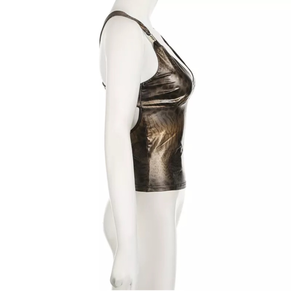 Vintage Leopard Print Gold Y2K Aesthetic Sleeveless Crop Top Women Sexy Backless - Picture 6 of 9